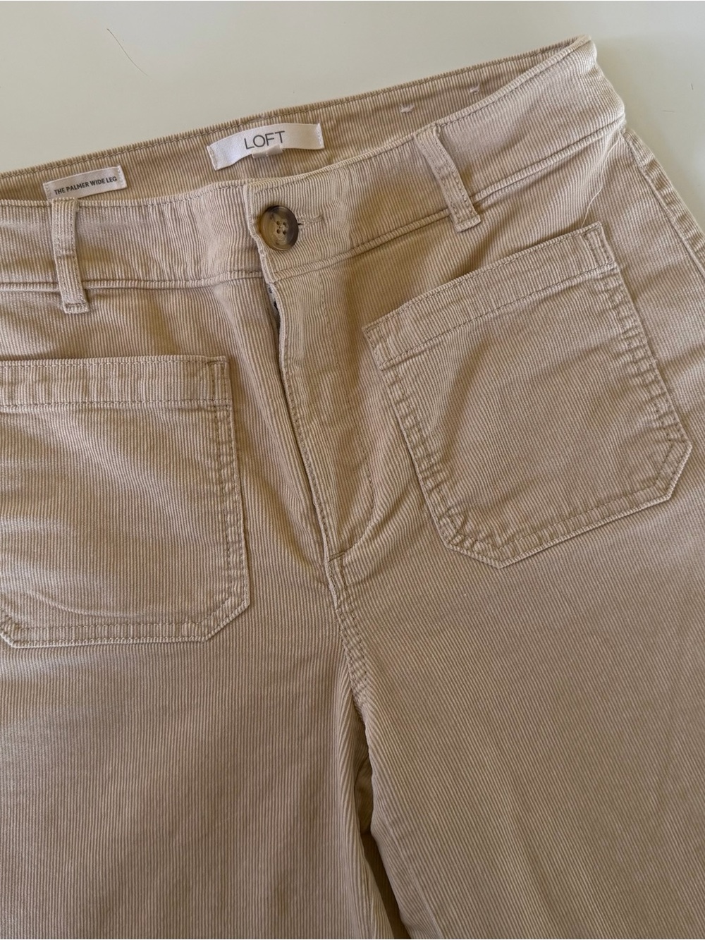 LOFT Light Beige Corduroy Wide-Leg Pants with Front Patch Pockets